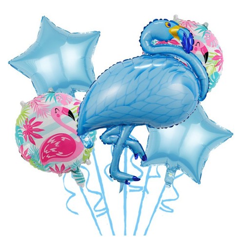 Set Baloane party aniversare, ANGELBEAR, din Folie de aluminiu si Latex, set din 5 baloane Flamigo Party cu 2 stele, 2 baloane rotunde, 60 -90 cm, Albastru